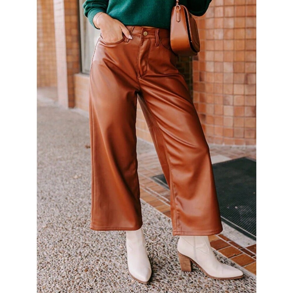 NEW Judy Blue brown wide leg crop faux leather pants size 14W